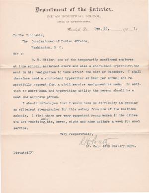 Office Informed of Resignation of D. E. Miller