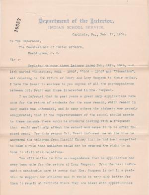 Correspondence Regarding the Request to Return Lucy and Henry Sampson