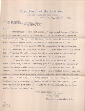 Pratt Requests Authority to Pay Expenses for Specialist Treatment in 1903