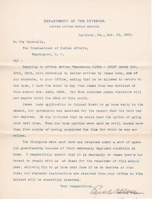 Allen Responds to Request to Return James Down, 1903