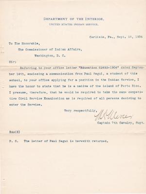 Paul Segui Requests Position in the Indian Service