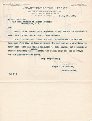 Request to Pay Veterinarian Bill Forwarded to Office in 1905