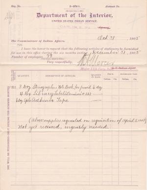 Requisition for Stationery, October 1905