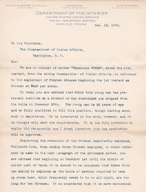 Wise Replies to Office in Regards to Appointment of Fireman in 1905