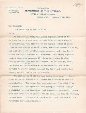 Dismissal of E. G. Sprow from the Carlisle Indian School