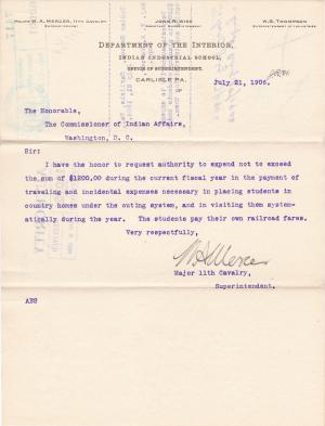 Request to Pay for Expenses in the Outing Program in Fiscal Year 1907