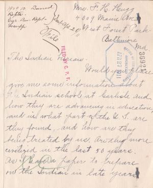 Request for Information about the Carlisle Indian School by Mrs. F. H. Heugg