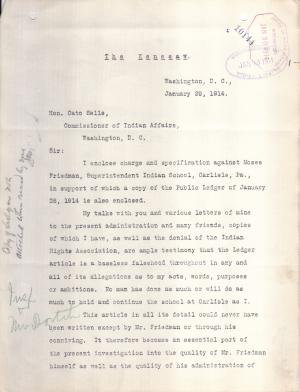 Type-written page of letter addressed to Cato Sells, dated January 29, 1914