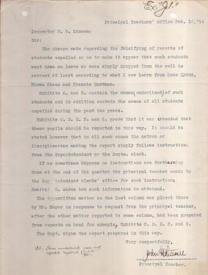 First page of letter from John Whitwell to Inspector Linnen, typed with "Exhibit J-1" hand-written in the top right corner