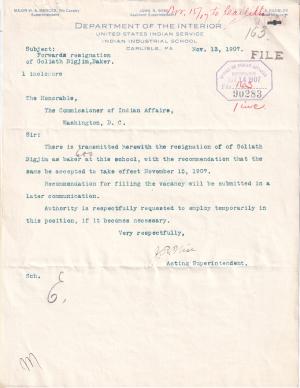 Resignation of Baker Goliath Bigjim