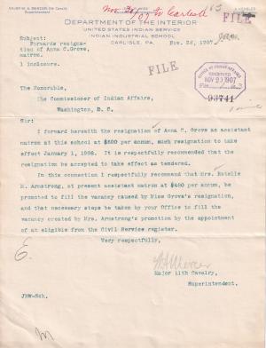 Resignation of Assistant Matron Anna Grove Resignation of Assistant Matron Anna Grove