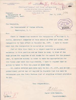 Resignation of Assistant Carpenter William H. H. Austin