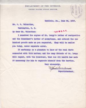 Resignation of Commissioner of Indian Affairs Francis E. Leupp