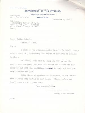 Request for Return Home of Blanche L. Shay