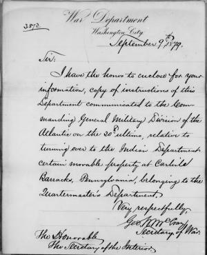 Order to Transfer all "Movable Property" at Carlisle Barracks to the Bureau of Indian Affairs