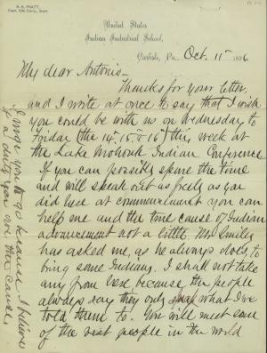 Pratt Invites Antonio Apache to 1896 Lake Mohonk Conference