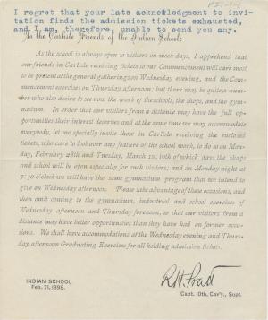 Invitation to the 1898 Carlisle Indian School Commencement Excercises