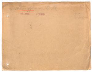 front of brown paper envelope with "Stauffer, C. M." and "Status Retired" written on front