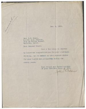 Allen Sends Pratt 80th Birthday Congratulations Allen Sends Pratt 80th Birthday Congratulations, 1920
