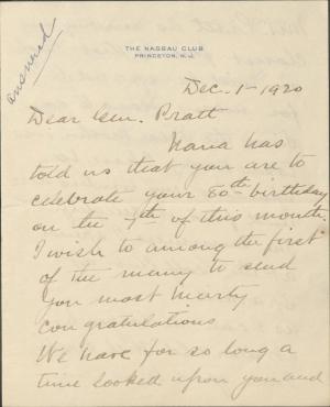 W. P. Agnew Sends Birthday Wishes to Pratt W. P. Agnew Sends Birthday Wishes to Pratt, 1920