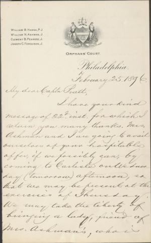 Ashman Informs Pratt of Intention to Attend Commencement Exercises, 1896