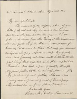 Anderson Responds to Pratt's Information on Miami Anderson Responds to Pratt's Information on Miami, 1914