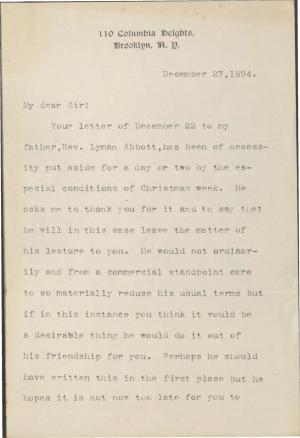 Abbott Writes Regarding Lecture Availability Abbott Writes Regarding Lecture Availability, 1894