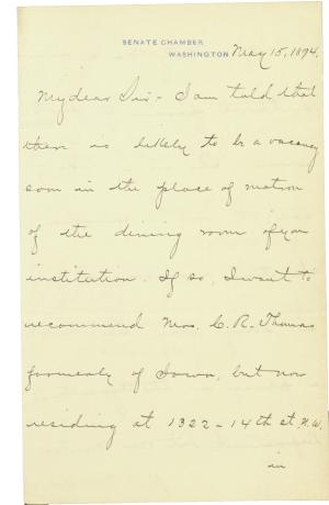 Sen. Allison Recommends C. R. Thomas for Dining Hall Matron Sen. Allison Recommends C. R. Thomas for Dining Hall Matron, 1894