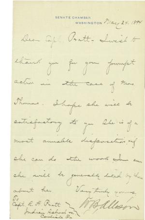 Sen. Allen Thanks Pratt for Hiring C. R. Thomas Sen. Allen Thanks Pratt for Hiring C. R. Thomas, 1894
