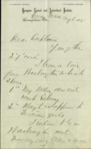 Armstrong Informs Pratt of Washington Telegram Armstrong Informs Pratt of Washington Telegram, 1878