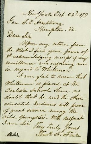 Armstrong Forwards Pratt Letter About Whiteman Armstrong Forwards Pratt Letter About Whiteman, 1879