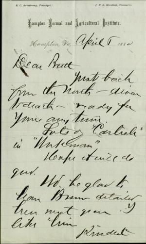 Armstrong Tells Pratt of Workman Articles on Carlisle, 1880