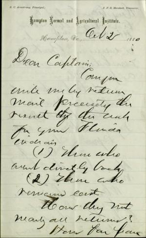 Armstrong Requests Information on Ft. Marion Prisoners from Pratt Armstrong Requests Information on Ft. Marion Prisoners from Pratt, 1880