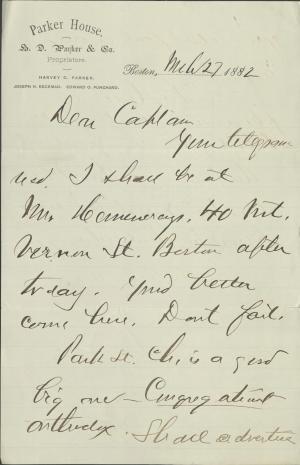 Armstrong Sends Pratt Information on Talk at Park Street Church in Boston Armstrong Sends Pratt Information on Talk at Park Street Church in Boston, 1882