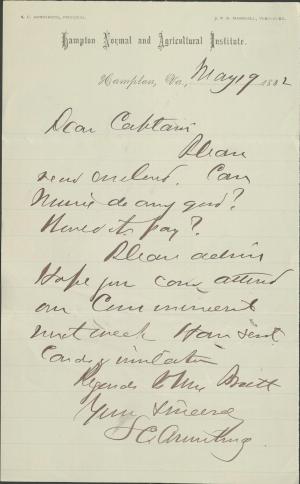 Armstrong Requests Advice from Pratt and Invites Him to Commencement Armstrong Requests Advice from Pratt and Invites Him to Commencement, 1882