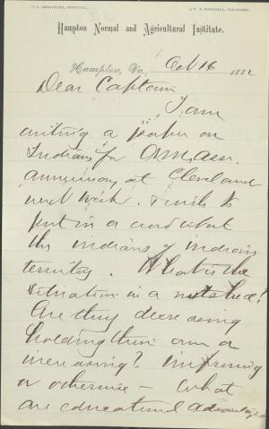 Armstrong Asks Pratt for Indian Territory Information, 1882