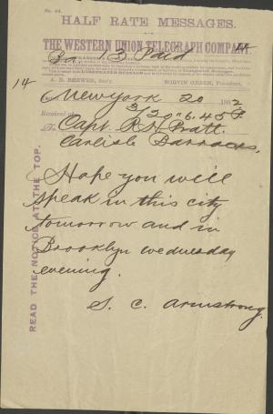Armstrong Hopes Pratt Will Speak in New York Armstrong Hopes Pratt Will Speak in New York, 1882