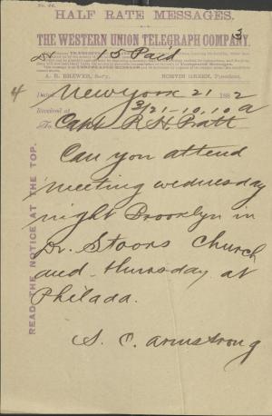 Armstrong Asks Pratt to Attend Public Talks in New York and Philadelphia Armstrong Asks Pratt to Attend Public Talks in New York and Philadelphia, 1882