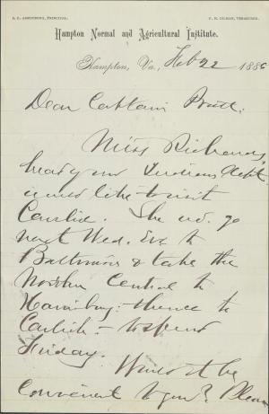 Armstrong Arranges Travel for Miss Richards to Carlisle Armstrong Arranges Travel for Miss Richards to Carlisle, 1886