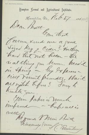 Armstrong Asks Pratt to Send Keg of Cider Armstrong Asks Pratt to Send Keg of Cider, 1884