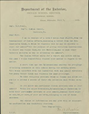 Backus Requests Pratt's Advice on Religious Services at School Backus Requests Pratt's Advice on Religious Services at School, 1891