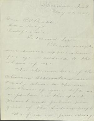 Benson Thanks Pratt for Address for Sherman Institute Commencement Benson Thanks Pratt for Address for Sherman Institute Commencement, 1921