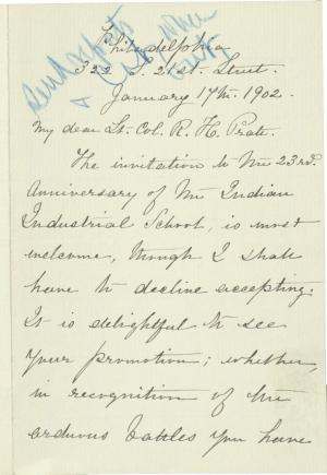 Brown Declines Invitation and Requests Annual Report from Pratt, 1902