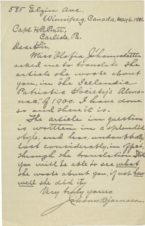Bjornsson Sends Pratt Biography by Johannsdottir, 1901