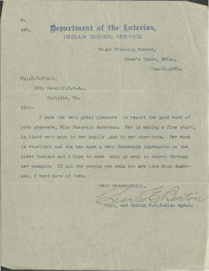 Burton Reports to Pratt on Progress of Pasquala Anderson Burton Reports to Pratt on Progress of Pasquala Anderson, 1901