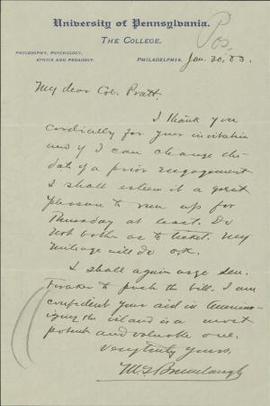 Brumbaugh Acknowledges Pratt's Invitation to Visit Carlisle Brumbaugh Acknowledges Pratt's Invitation to Visit Carlisle, 1903