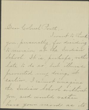Partial Letter Thanking Pratt for Remaining at Carlisle, 1903