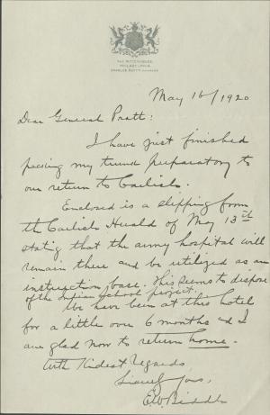 Biddle Sends News of Army Hospital Status to Pratt Biddle Sends News of Army Hospital Status to Pratt, 1920