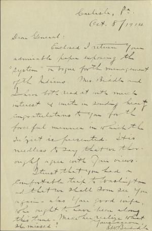 Biddle Acknowledges Receipt of Pratt's Paper on Indian Management Biddle Acknowledges Receipt of Pratt's Paper on Indian Management, 1914