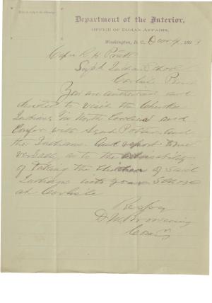 Browning Authorizes Pratt to Inspect Cherokees in North Carolina, 1893